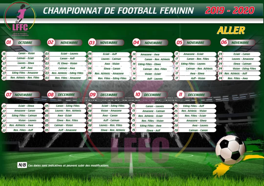 Calendrier phase aller du Championnat de Football Feminin P