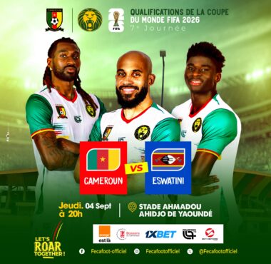 Affiche promotionnelle Cameroun vs Eswatini, 7e journée des éliminatoires de la Coupe du Monde FIFA 2026, au stade Ahmadou Ahidjo de Yaoundé.