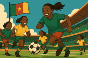 Les Lionnes U17 du Cameroun jouant au football lors du Tournoi Paul Biya 2025, avec le drapeau camerounais officiel en arrière-plan