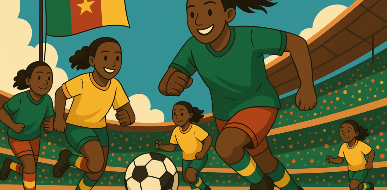 Les Lionnes U17 du Cameroun jouant au football lors du Tournoi Paul Biya 2025, avec le drapeau camerounais officiel en arrière-plan