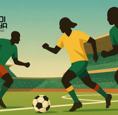 Tournoi Paul Biya 2025 avec jeunes footballeurs camerounais en action et logo officiel en filigrane sur fond de stade.