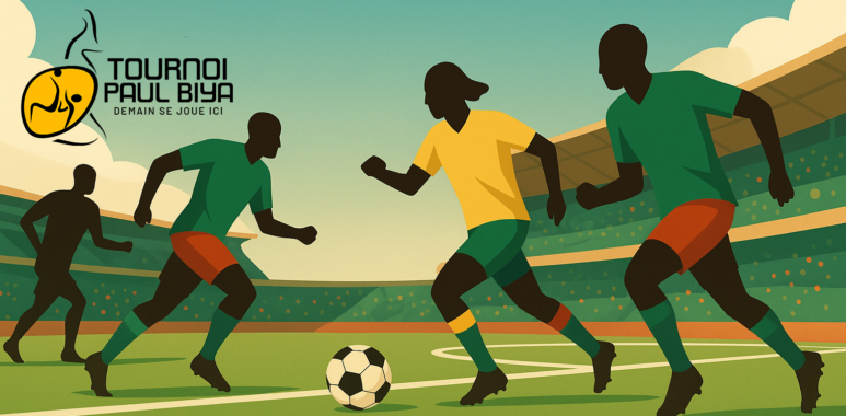 Tournoi Paul Biya 2025 avec jeunes footballeurs camerounais en action et logo officiel en filigrane sur fond de stade.