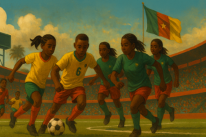 Tournoi Paul Biya 2025 avec des jeunes joueurs U13 et U17 camerounais en action sur le terrain