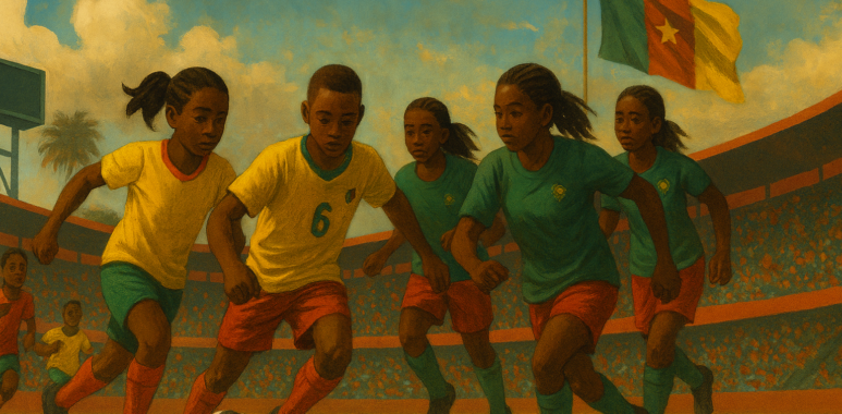 Tournoi Paul Biya 2025 avec des jeunes joueurs U13 et U17 camerounais en action sur le terrain