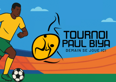 Tournoi Paul Biya U17 montrant un joueur camerounais en action, avec les équipes qualifiées pour les demi-finales.