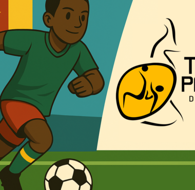Tournoi Paul Biya 2025 à Yaoundé, mobilisant six jours de football jeunes avec le drapeau camerounais et le logo officiel.