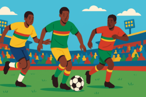 jeunes joueurs camerounais U17 en action dans un stade à Yaoundé, style plat et coloré, symbolisant la 2ᵉ journée du Tournoi Paul Biya