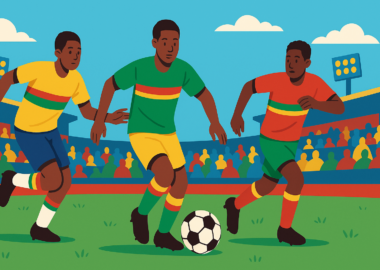 jeunes joueurs camerounais U17 en action dans un stade à Yaoundé, style plat et coloré, symbolisant la 2ᵉ journée du Tournoi Paul Biya