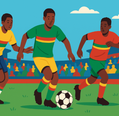 jeunes joueurs camerounais U17 en action dans un stade à Yaoundé, style plat et coloré, symbolisant la 2ᵉ journée du Tournoi Paul Biya