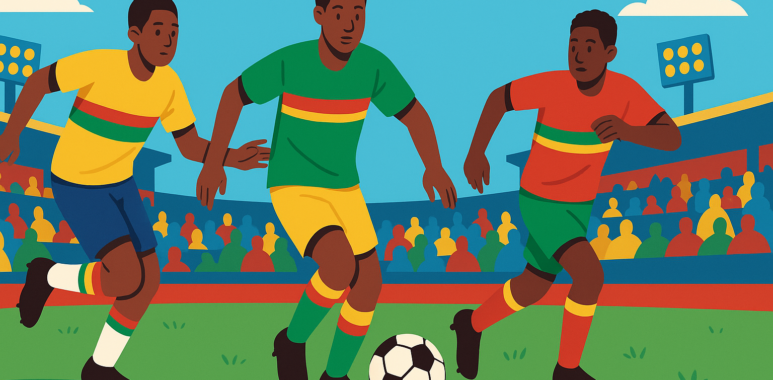 jeunes joueurs camerounais U17 en action dans un stade à Yaoundé, style plat et coloré, symbolisant la 2ᵉ journée du Tournoi Paul Biya