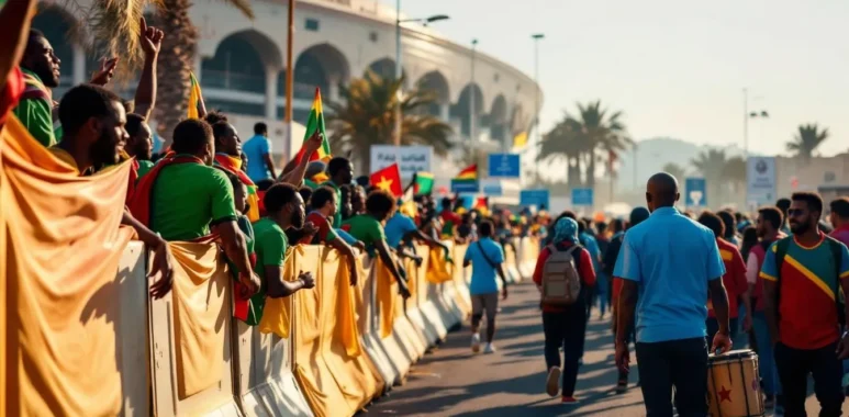Barrage CAF Cameroun–RD Congo à Rabat, supporters des Lions Indomptables devant le stade au coucher du soleil